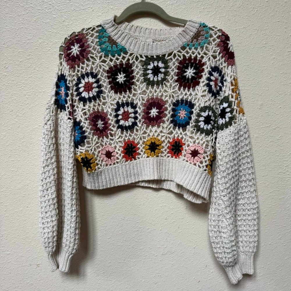 Patchwork Granny Square Knit Cropped Sweater - image 4